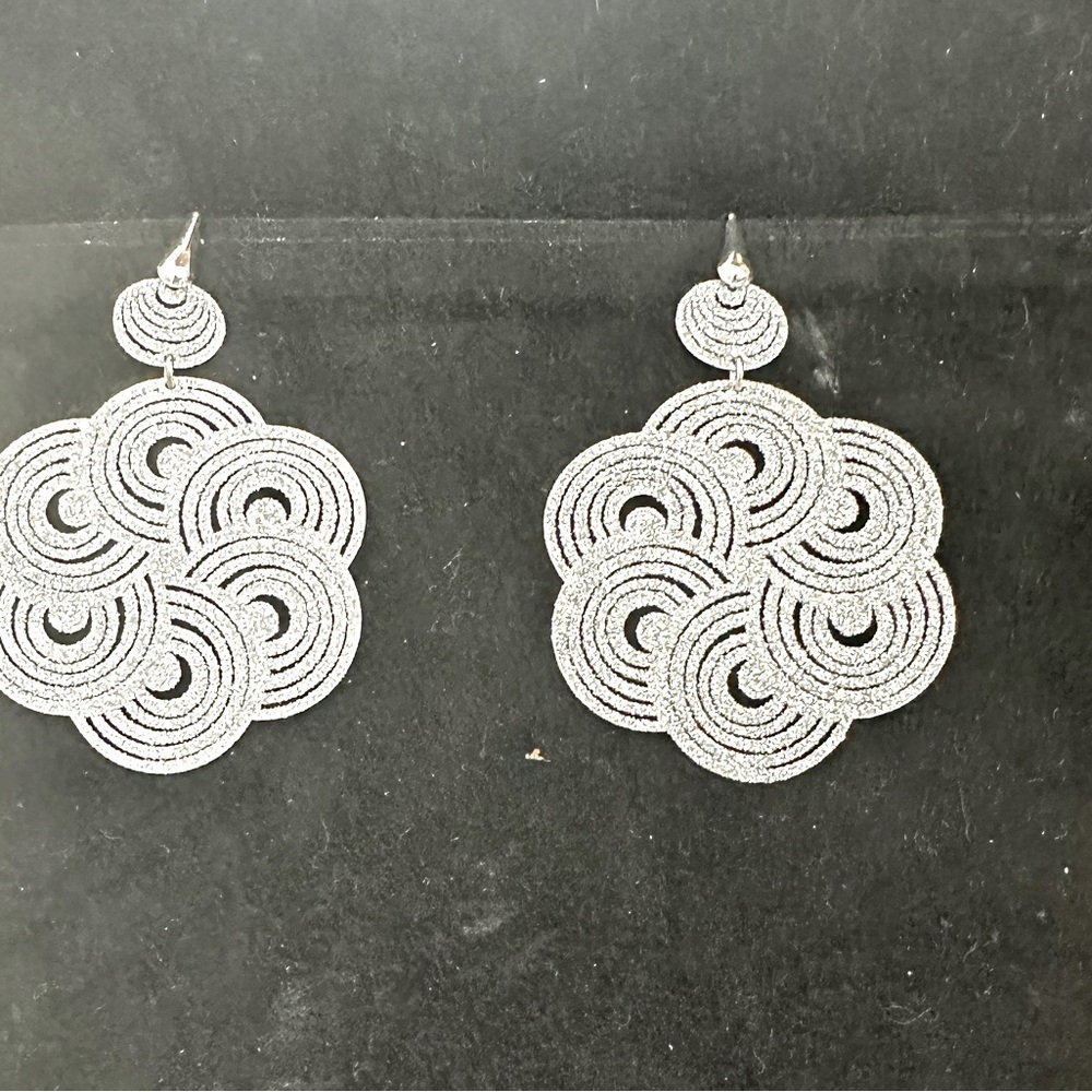 SALE Silver Lazar cut concentric circle design pierced earrings. 3” drop.